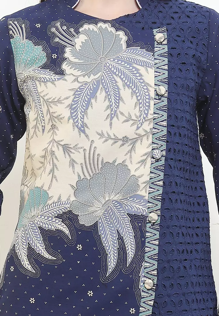 Blouse Atasan Batik Wanita Hera Katun Embroidery Premium Lining Panjang Navy