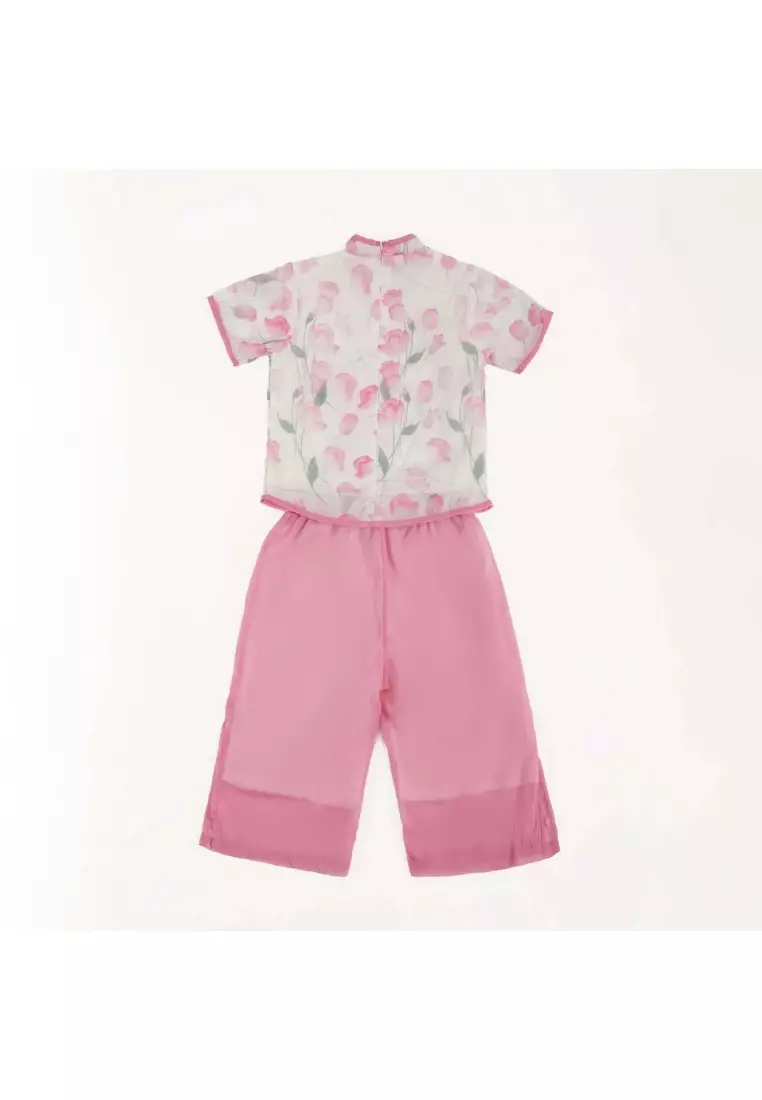 蓮花圖案嬰兒女童旗袍上衣及褲子套装0847