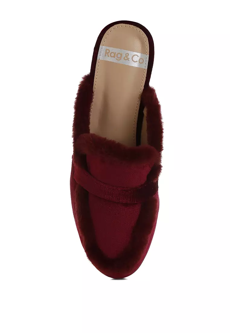Fur Detail Velvet Slip-On Mules in Burgundy