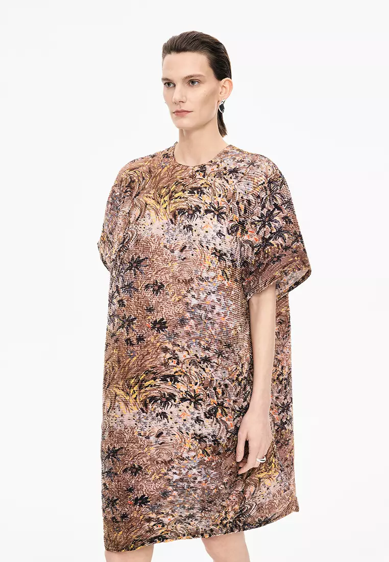 混纺图案元素A型压褶短袖连衣裙