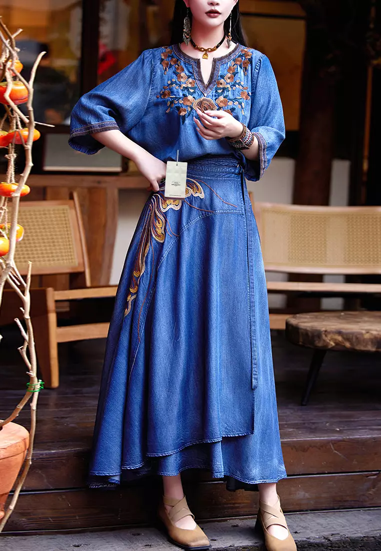 Twenty Eight Shoes VANSA Vintage Embroidered Tencel Denim