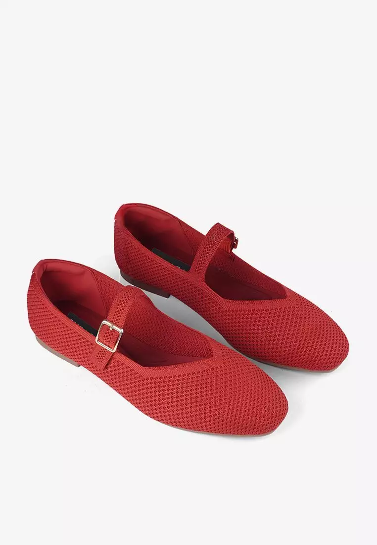 Maia Ballerina Knit Flatshoes Square Toe Mary Jane in Red