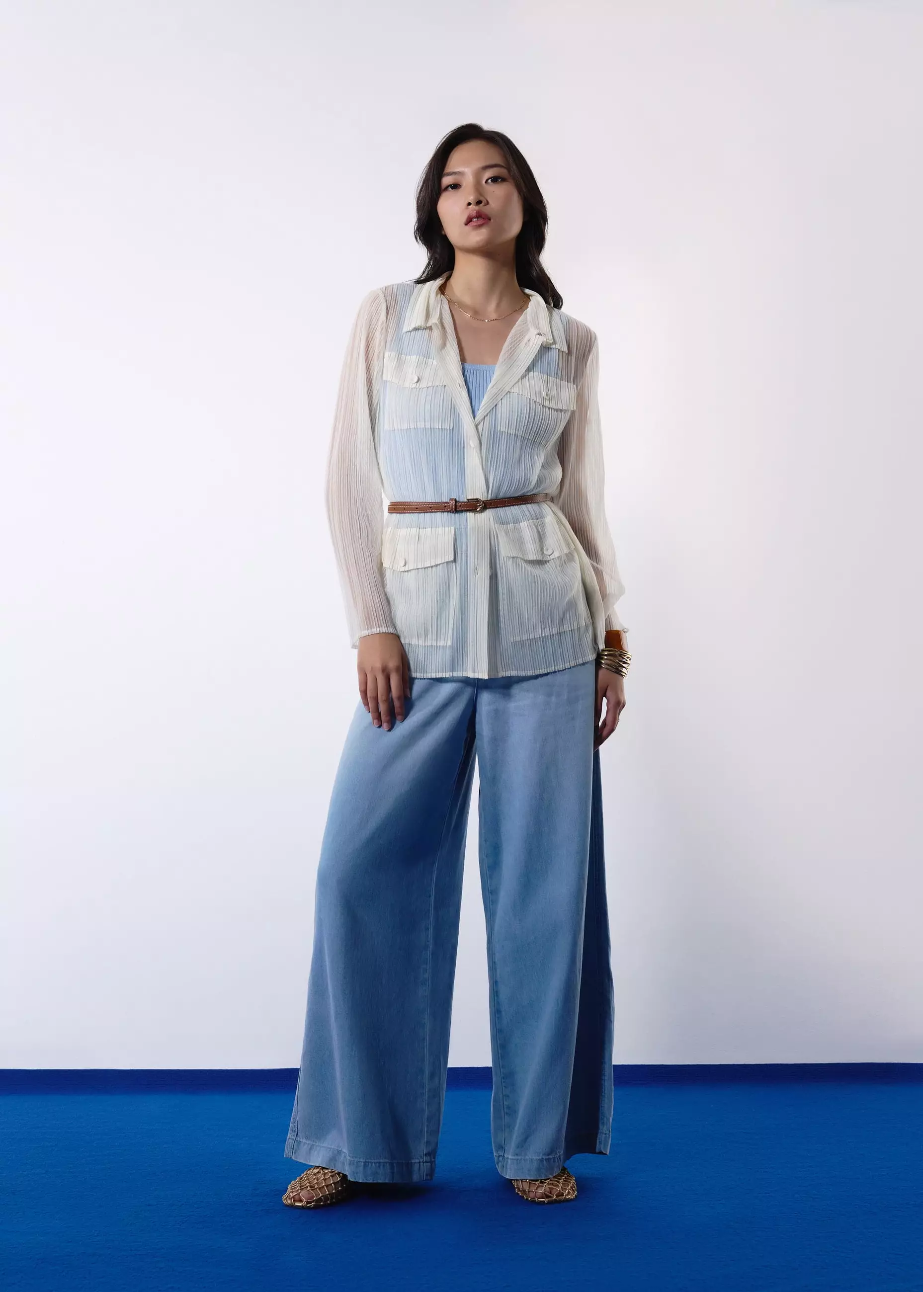 Atasan Wanita - Sheer Plisse Collared Button Down Shirt