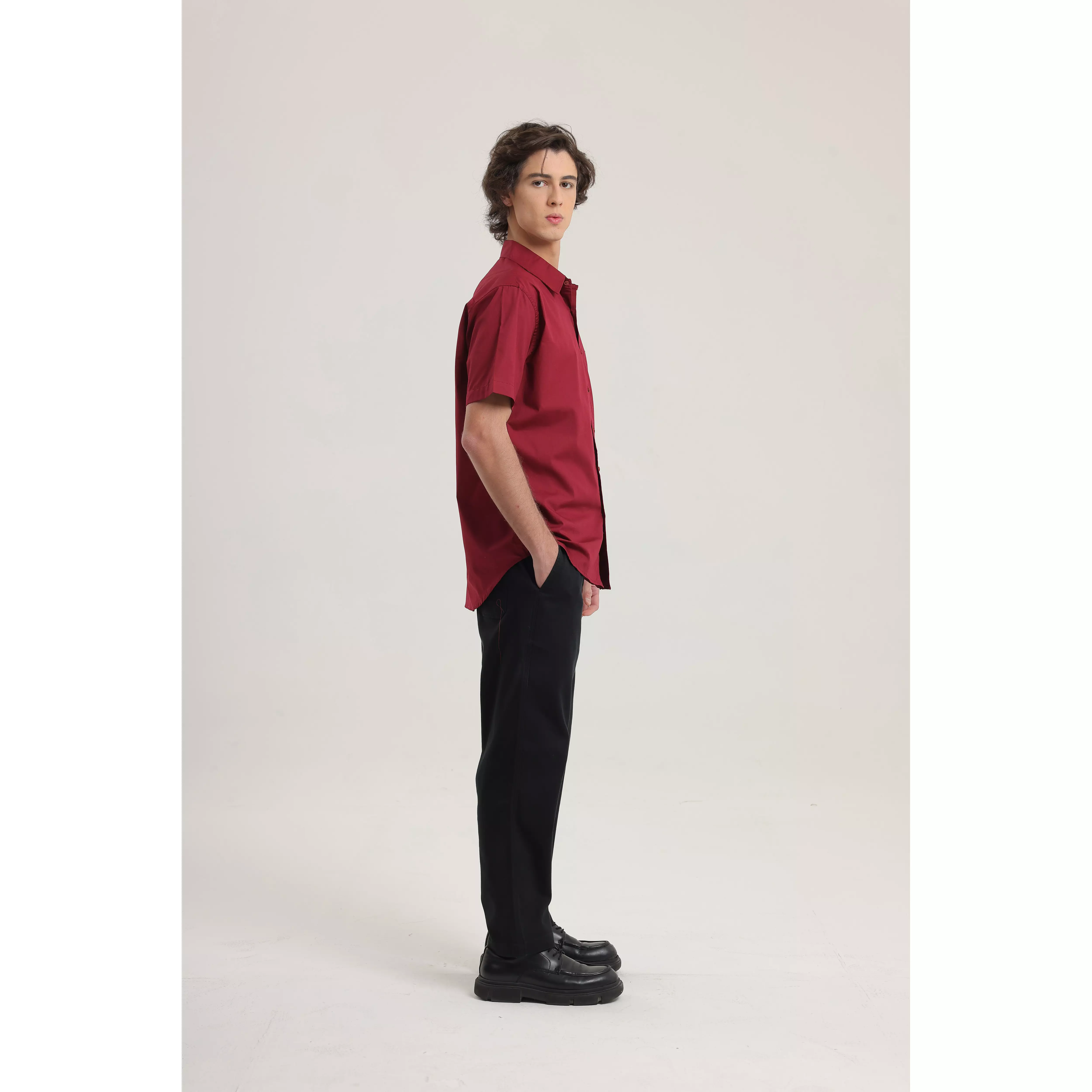LARUSSO - Big Size Poplin Relaxed Short Sleeved Basic Shirt - Burgundy
