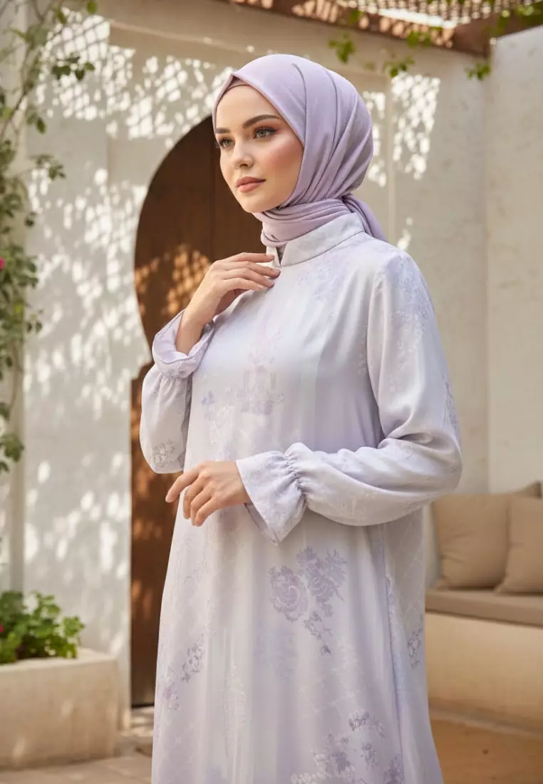 Gamis Lebaran Terbaru Mosleem Kekinian Lengan Karet Motif Warna Soft Purple By Brilliant Girl Warna UNGU
