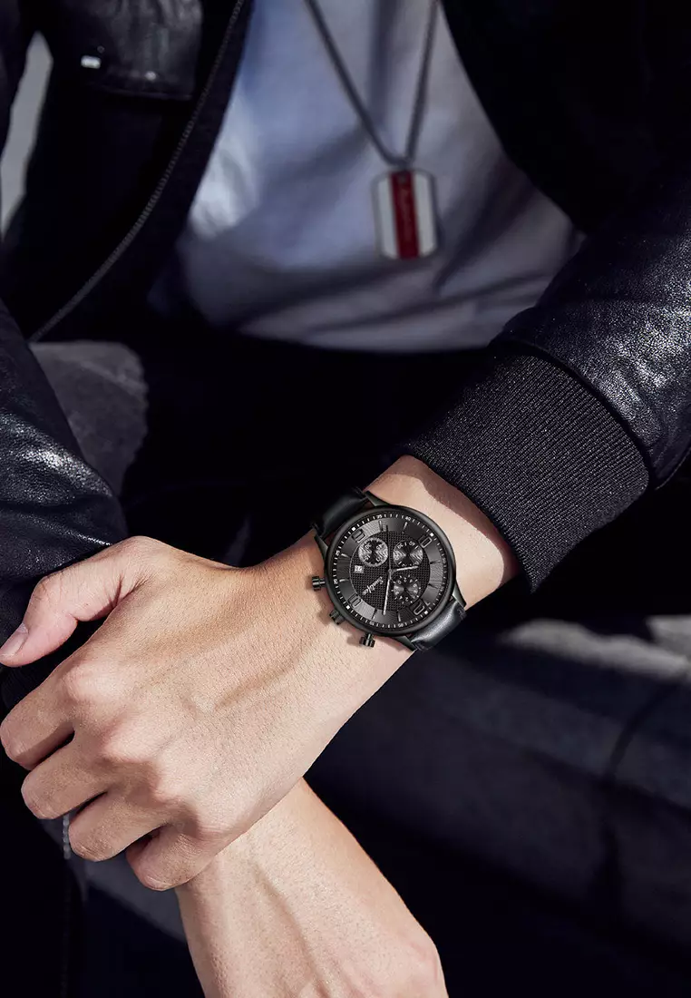 Jam Tangan Pria Kalender Kuarsa Bisnis Klasik Anti Air Tali Kulit Jam Tangan Cowok black