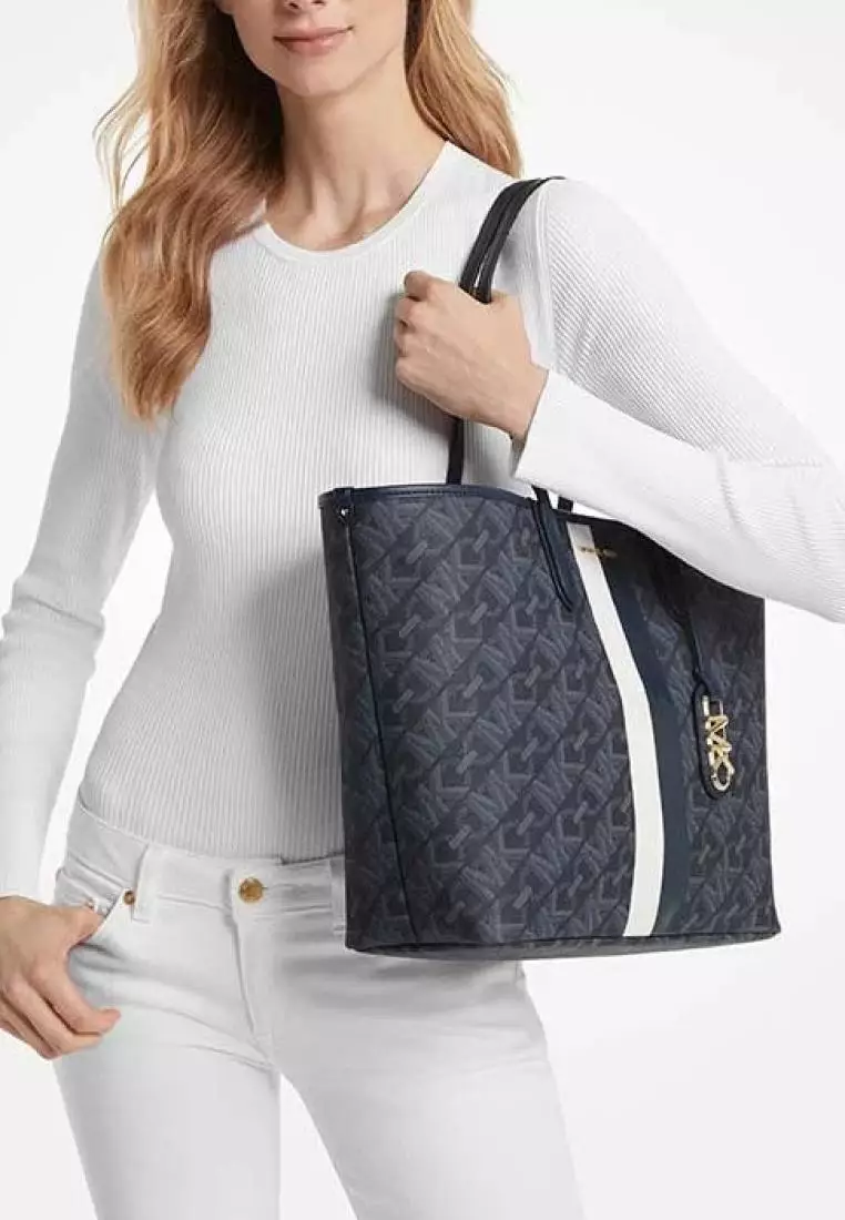 Michael Kors Eliza Large Empire Signature Logo Stripe Tote Bag Admiral Pale Blue