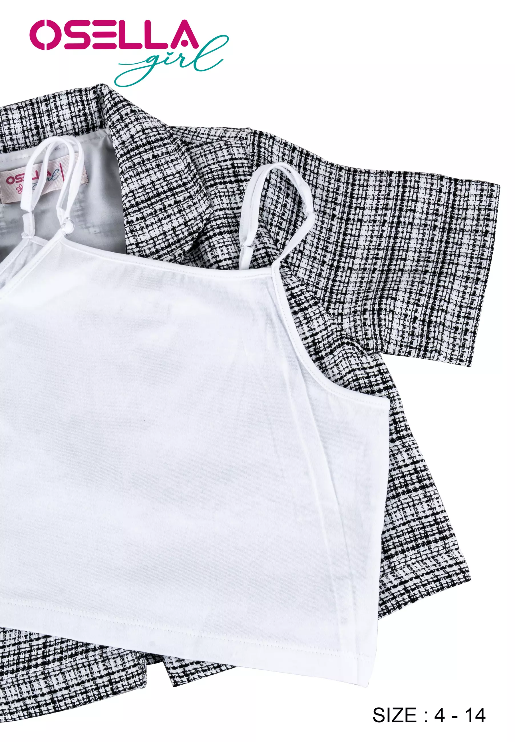 [NEW] Osella Kids Short Sleeve Tweed Look Blazer In Black And White Pattern With Additional Tanktop 2361400801 | Blazer Lengan Pendek Anak Perempuan