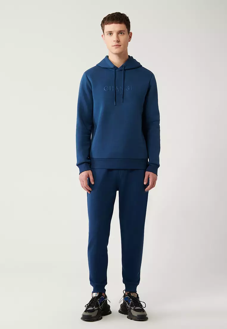 Men's Indigo Hooded 3 Thread Raised Printed Sweatshirt A32Y1240