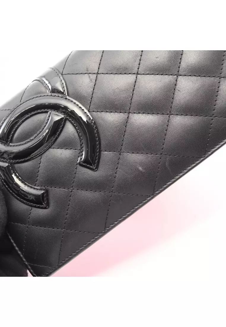 Pre-Loved Chanel Cambon line Bi-fold Long Wallet leather Patent leather black silver hardware