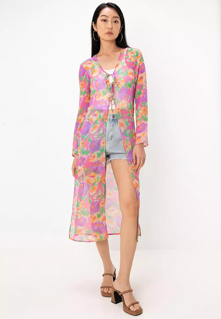 Buy ASOS Design Long Sleeves Sheer Tie Front Maxi Kimono Cardigan