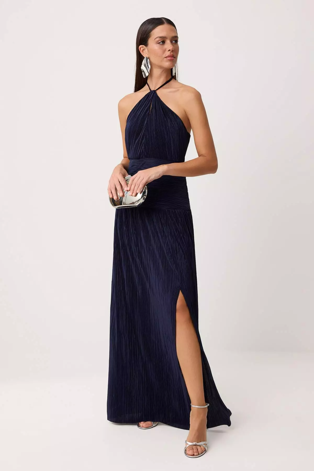 Navy Blue Pleated Maxi Evening Dress & Graduation Gown Tprss26Ae119