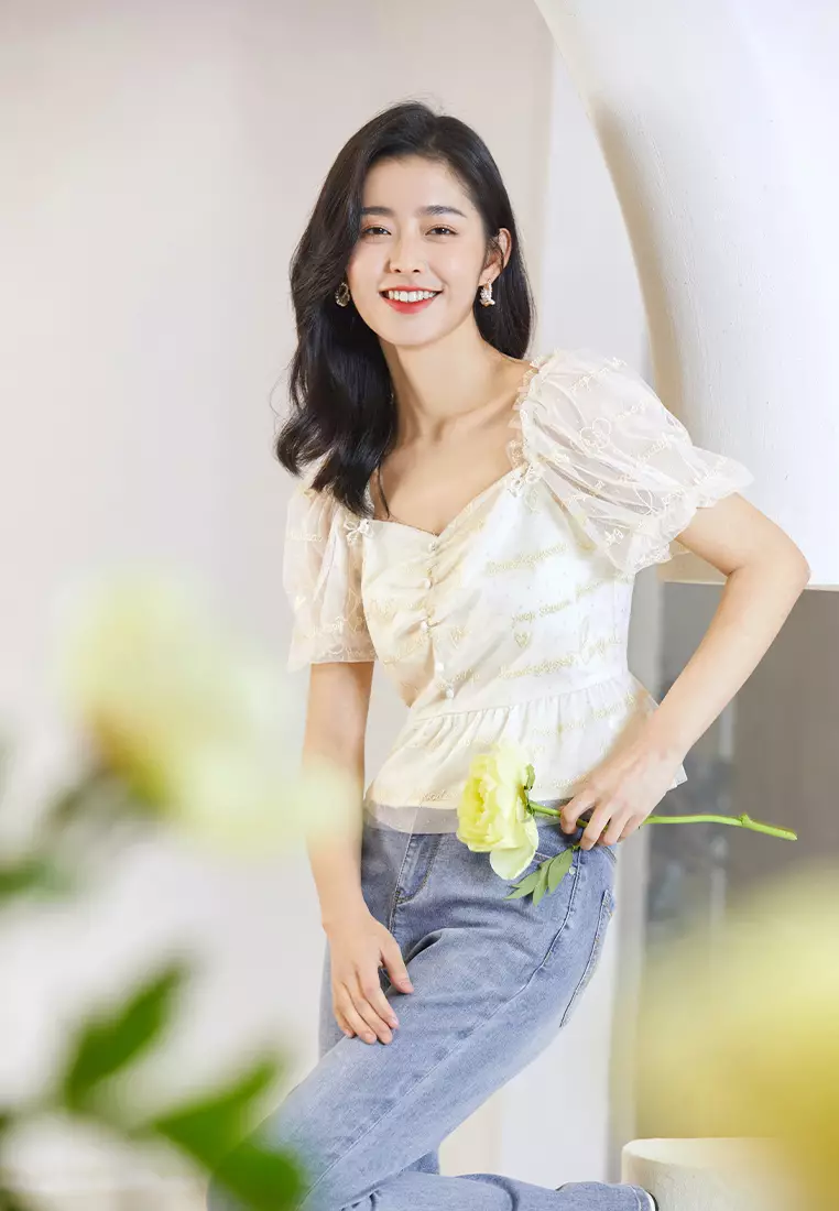 forme 2025 Puff Sleeve Blouse ホワイト Woherb 2025 Women Summer Puff Sleeve Shirts Elegant Square