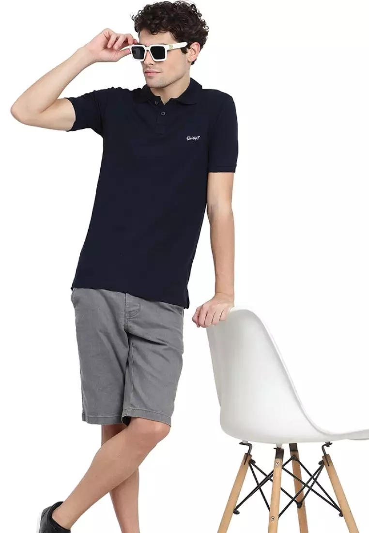 男式纯蓝色 QuirkyT Polo 领棉质短袖彩色 T 恤/T 恤