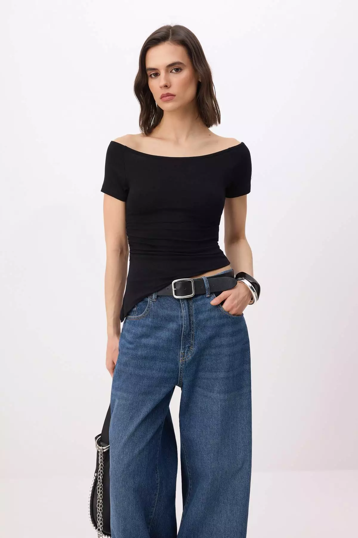 Black Fitted/Cut-To-Fit Carmen Collar Short Sleeve Soft Knitted Blouse Twoss26Bz73