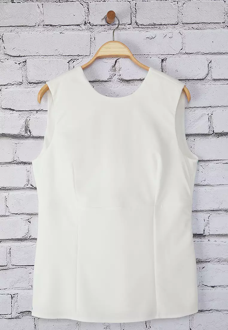 White Sleeveless Backless Bowknot Stylish Woven Plus Size Blouse Tbbss25Af00089