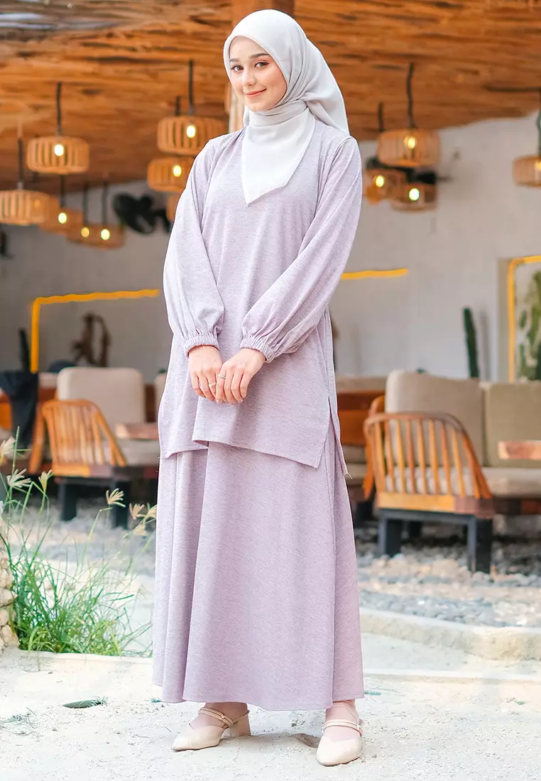 JV Hasanah Set Rok Baju Kurung Corduroy Lilac | Setelan Rok Kaos Jumbo