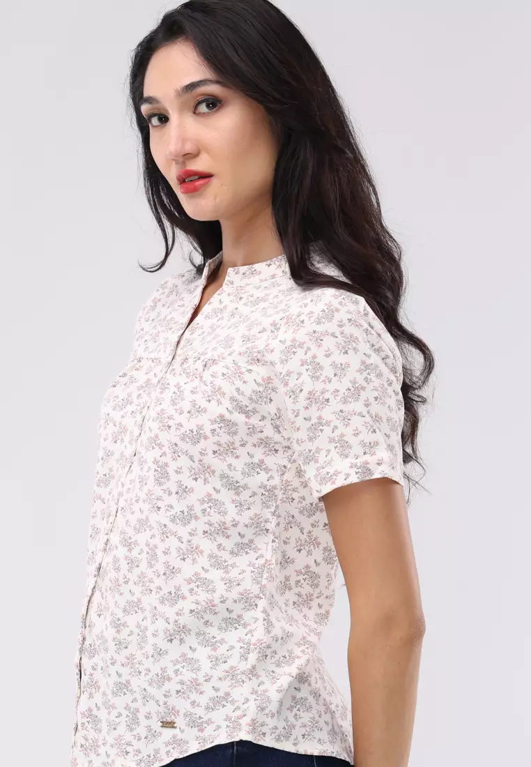 Linen Wrinkles Short Sleeves Chinese Collar Blouse