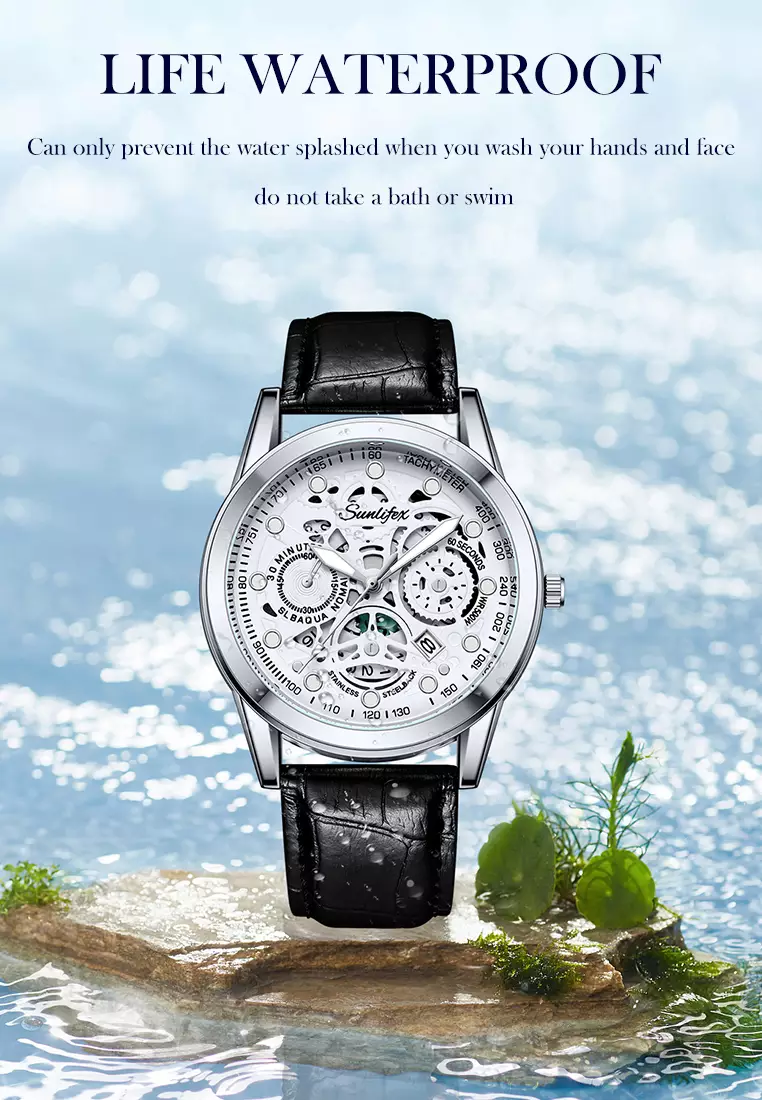 Jam Tangan Pria Dial Berongga Anti Air Kuarsa Tali Kulit Jam Pria Original Santai Mode Jam Tangan Cowok 7001 black white