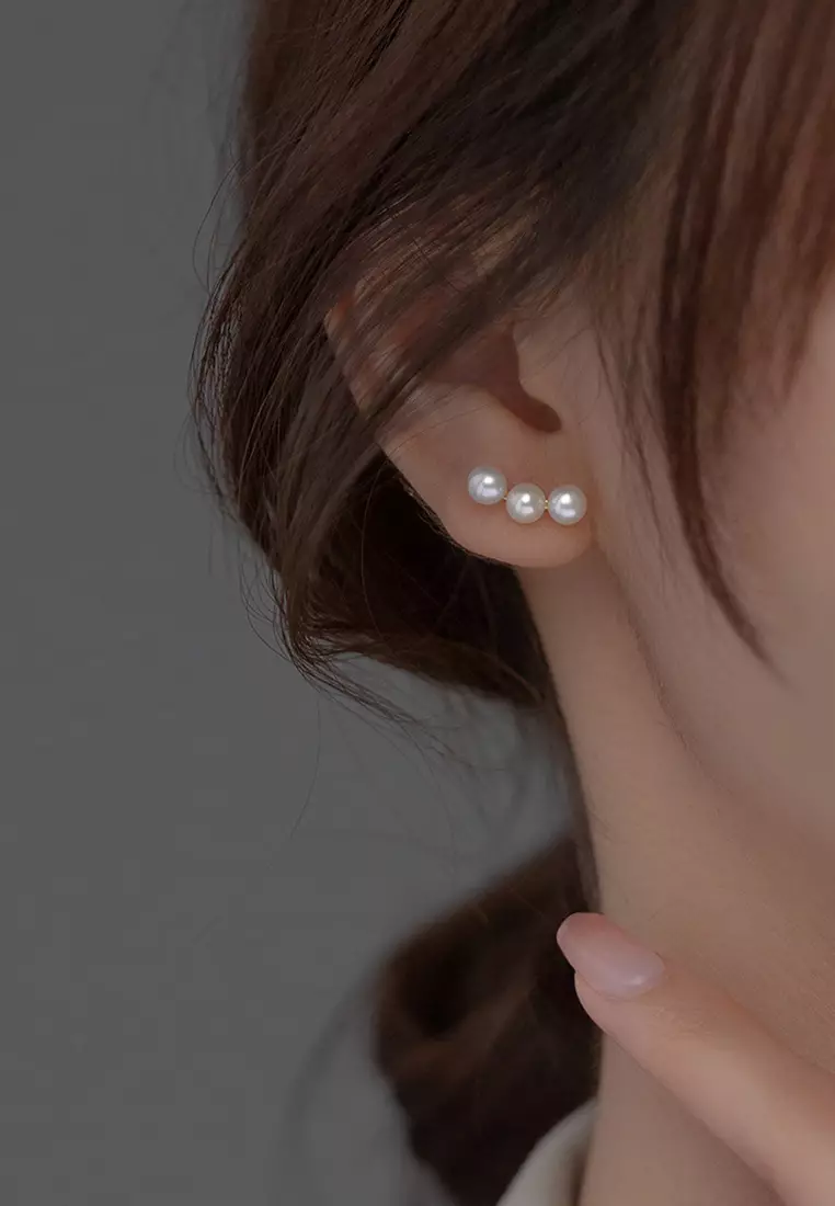 925 Silver Plated Gold Faux Pearl Earrings JW AR-M00892