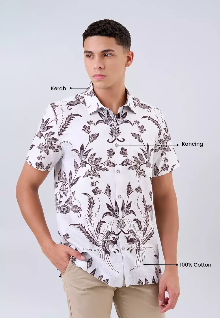 MANZONE - Kemeja Batik Lengan Pendek Pria Panembahan Modern Fit - Beige Warna Beige