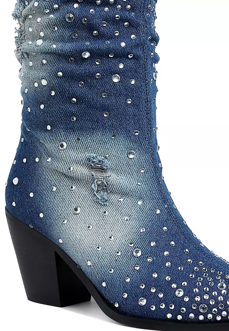 Diamante & Rhinestones Denim Boots in Dark Blue