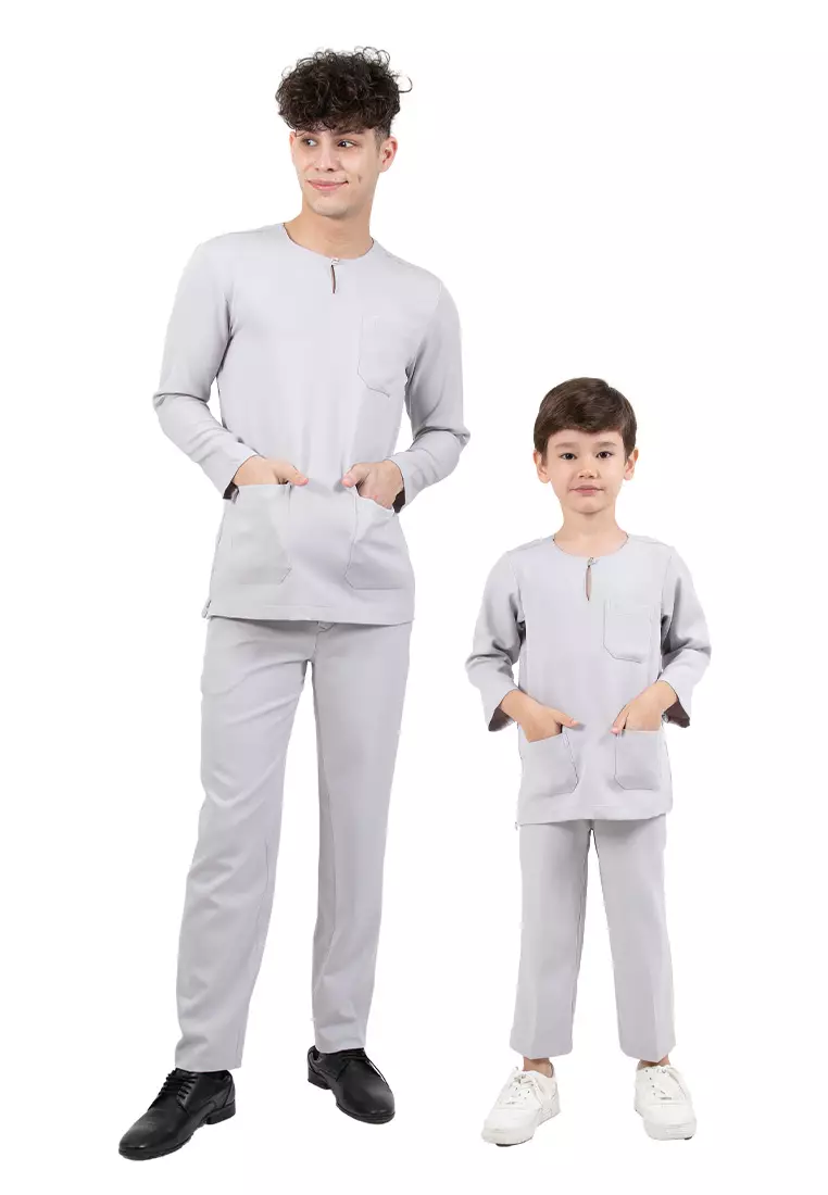 Alain Delon Slim Fit Baju Johor Ayah Anak Sedondon set - 19024504B-92LtGrey