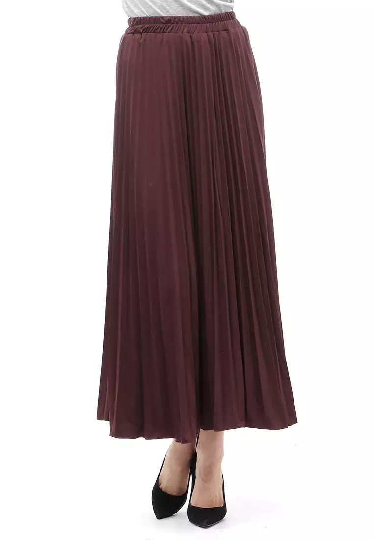 Skirt Plisket Bawahan Wanita Motif Polos Relaxed Fit - Coklat Tua