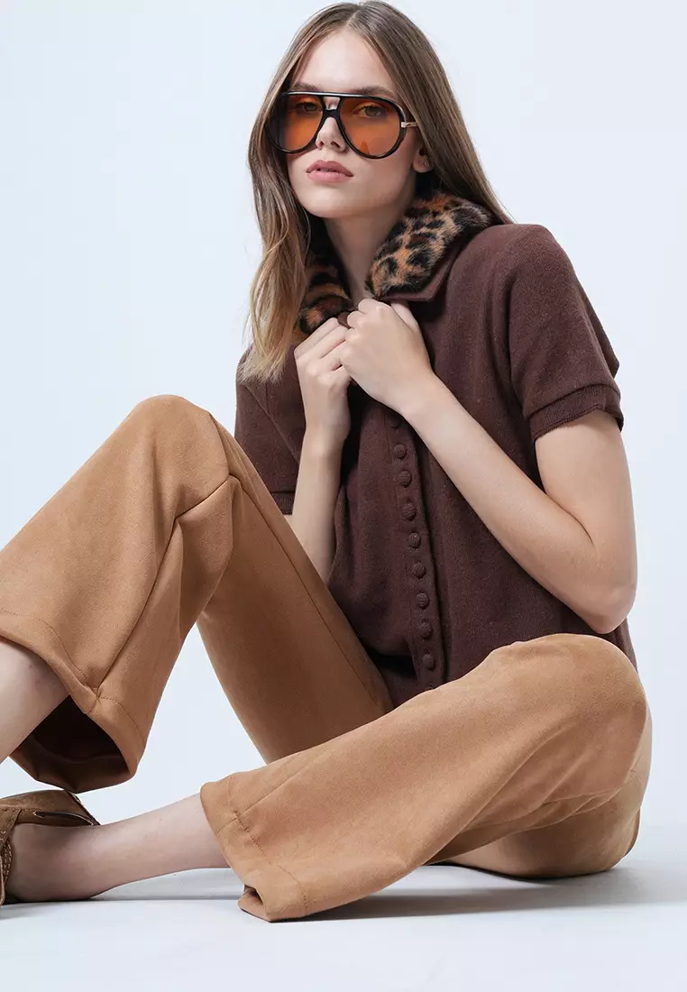 Leopard Detachable Fur Detailed Knitted Blouse