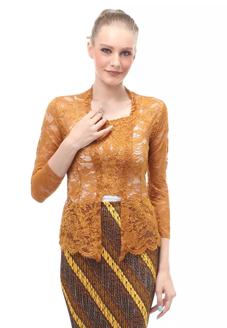 Hara Kebaya Seri 1 Motif Brokat Long Sleeves Atasan Wanita Transparan Premium Quality - Tembaga