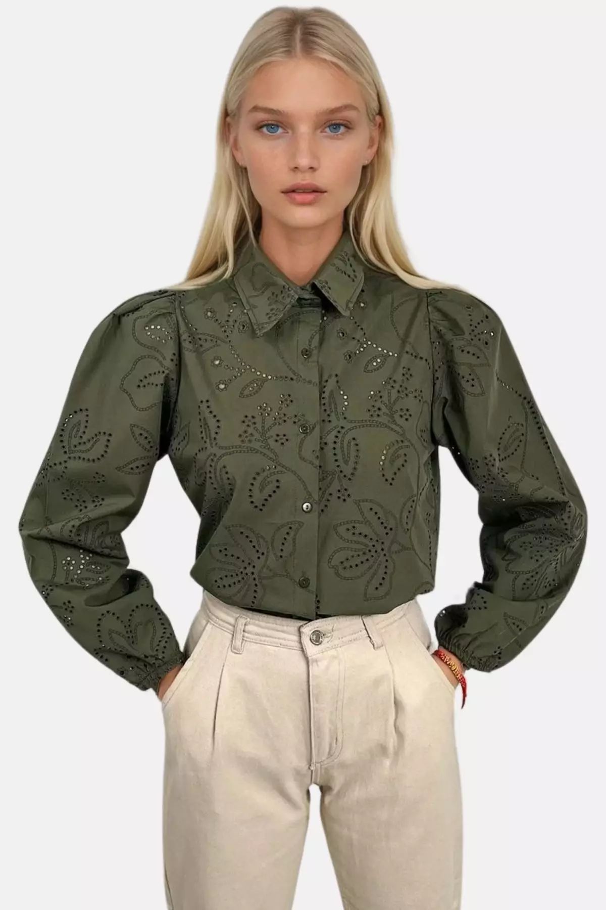 Women's Green Guipure Woven Premium Shirt Alc-X4366