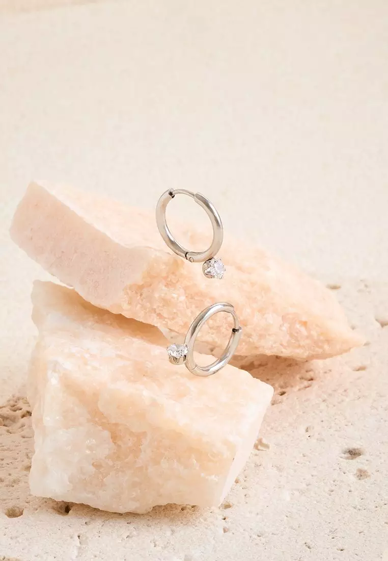 Lune Solitaire Drop Hoop Earrings in Silver