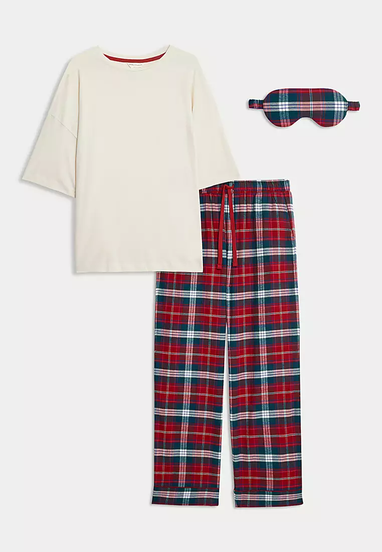 Women's Checked Family Christmas Pyjama Set With Eye Mask