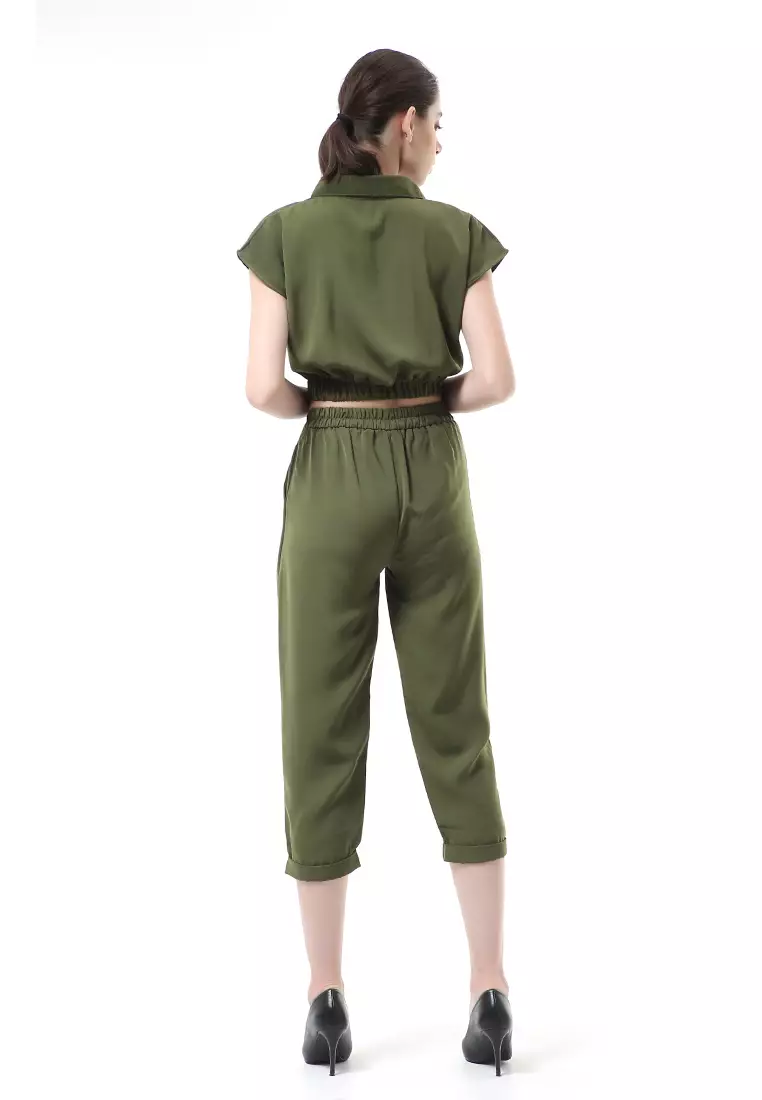 Nayra One Set Setelan Atasan Crop Karet Lengan Pendek Basic Pants Wanita Material Dolce ORIGINAL - Army