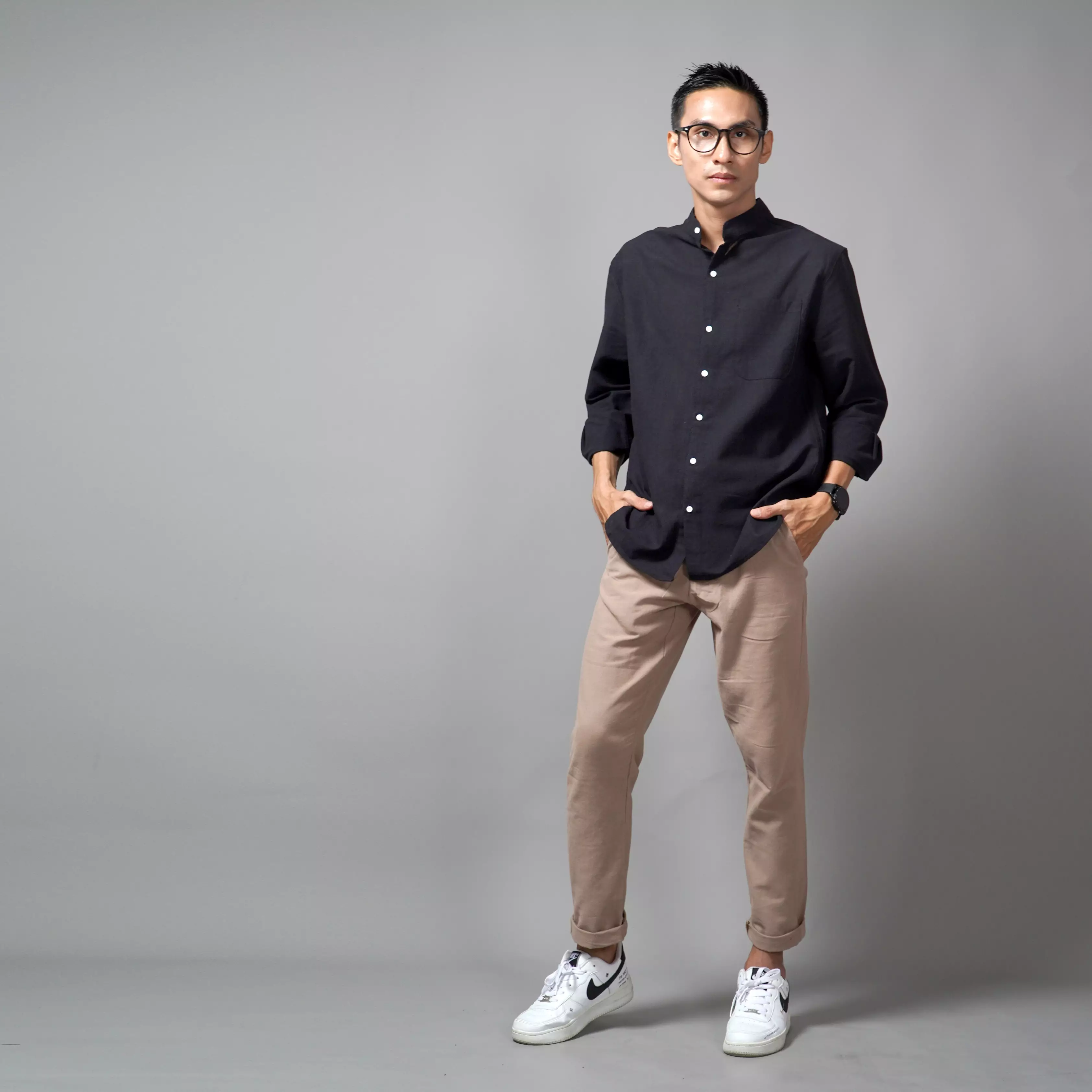 ASHRAF Kemeja Pria Casual Linen Baju Koko Kemeja Lengan Panjang - Hitam