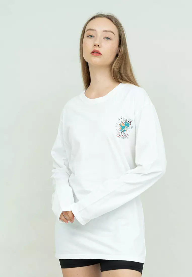 Kaos cotton combed lengan panjang wanita putih houseofcuff wave surf