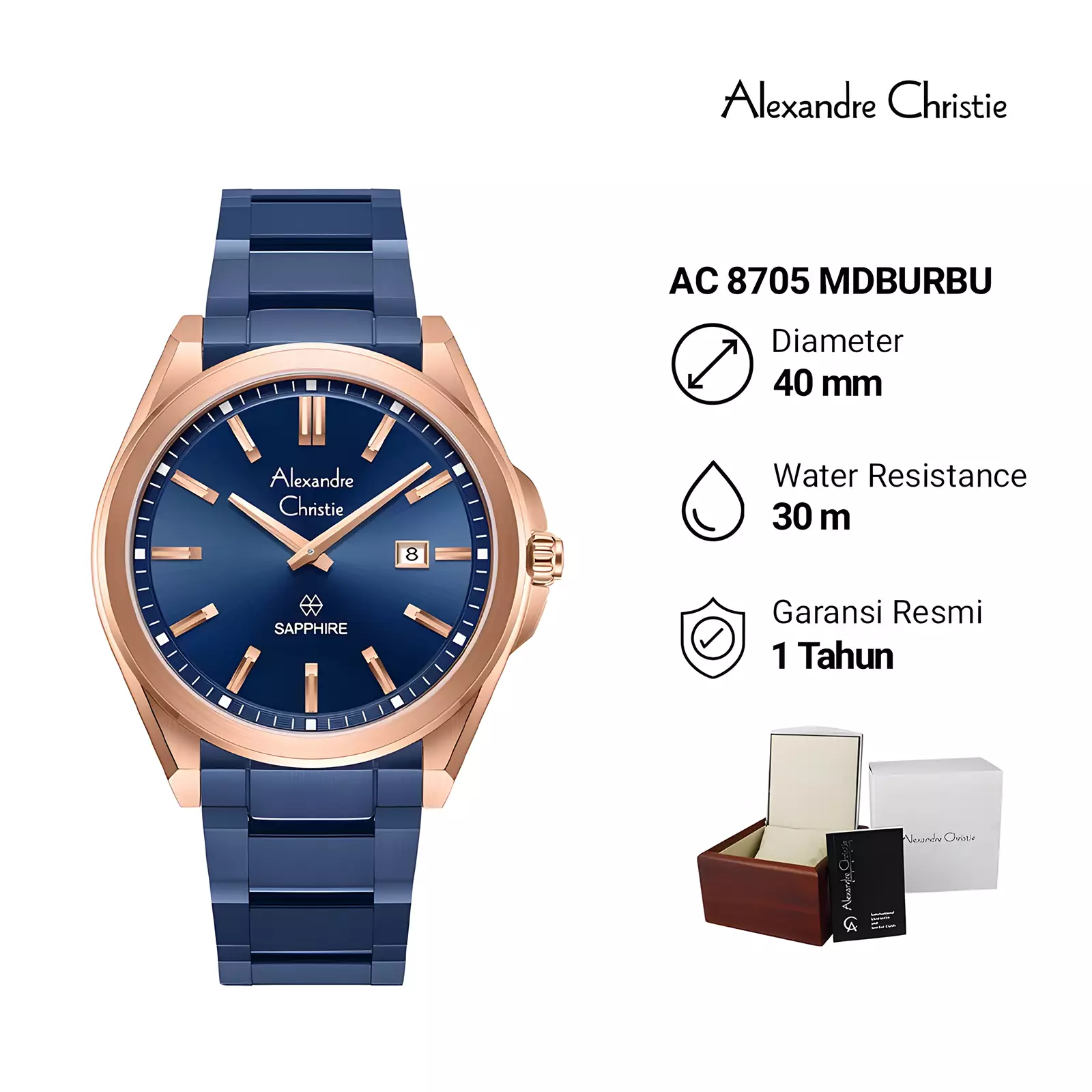 Alexandre Christie Sapphire Glass - Jam Tangan Analog Pria - Rose Gold Blue - Stainless Steel - 8705 MDBURBU