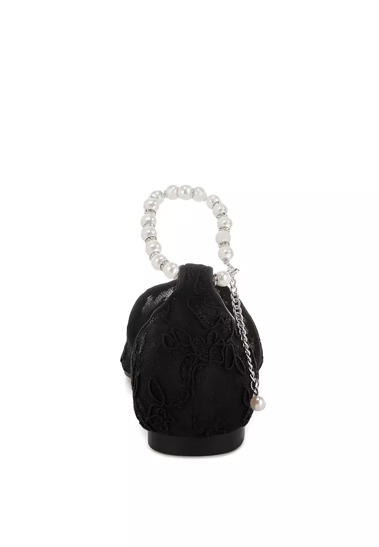 Sandal Datar Tali Mutiara & Berlian Imitasi Warna Hitam