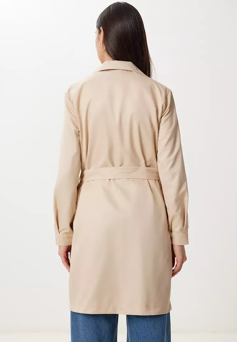 Women's Cream Double Breasted Collar Belted Seasonal Trench Coat Dd01374
