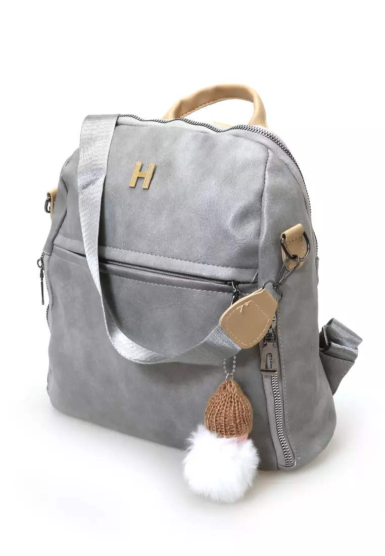 Afra Tas Ransel Wanita Large Compartment Backpack Desain Polos Material Leather ORIGINAL - Gray
