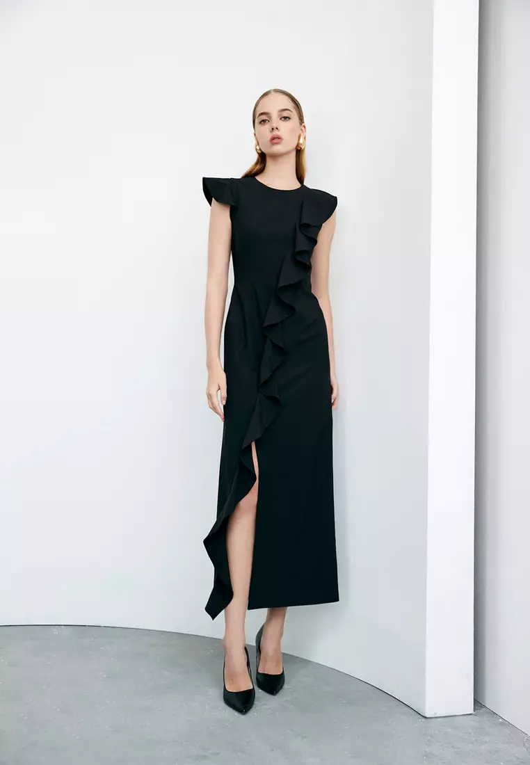Ruffle Detail Side Slit Dress
