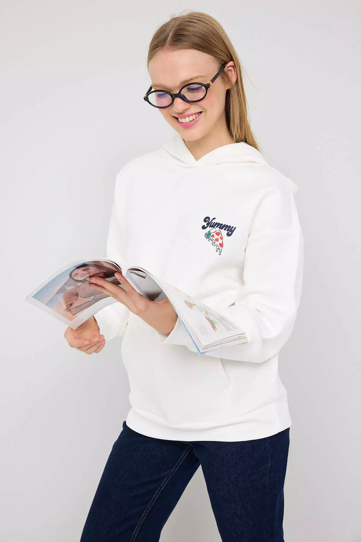 Teen Ecru Back Printed Oversize/Wide Pattern Hooded Knitted Sweatshirt