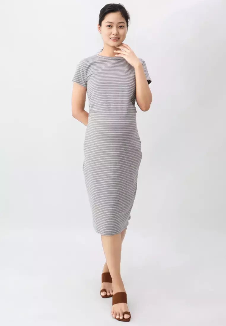 Buy 9months Maternity Grey Stripes Maternity Midi Knit Dress Online