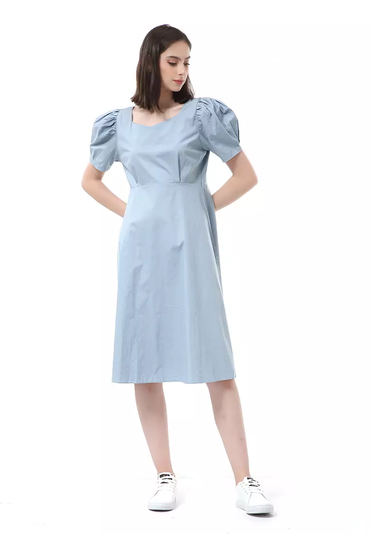 Rachel Dress Wanita Lengan Pendek Model Puffy Plain Motive Material Cotton ORIGINAL - Blue