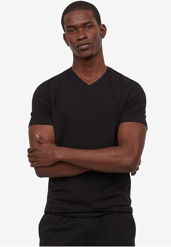 H&M black Slim Fit V-Neck T-Shirt FE851AAB391172GS_1