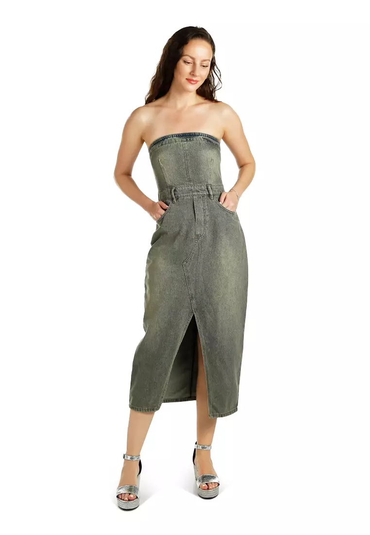 Vintage Wash Strapless Midi Dress