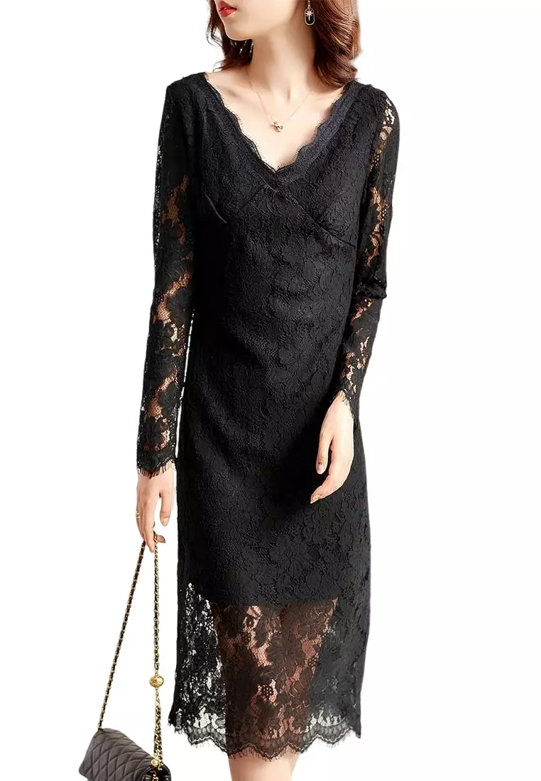 Buy A-IN GIRLS Elegant Lace V-Neck Lace Slim Fit Dress 2025 Online