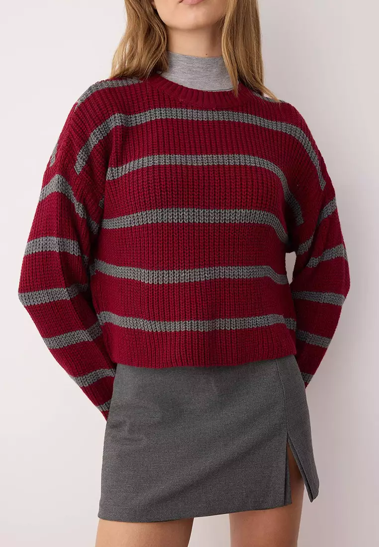 Burgundy Crop Basic Wide Fit Striped Knitwear Sweater