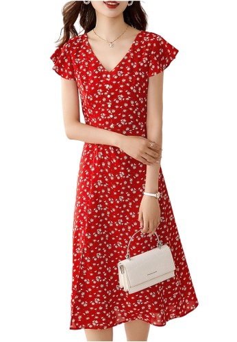 OUNIXUE red Retro Romantic V-Neck Floral Dress 23250AA151A145GS_1
