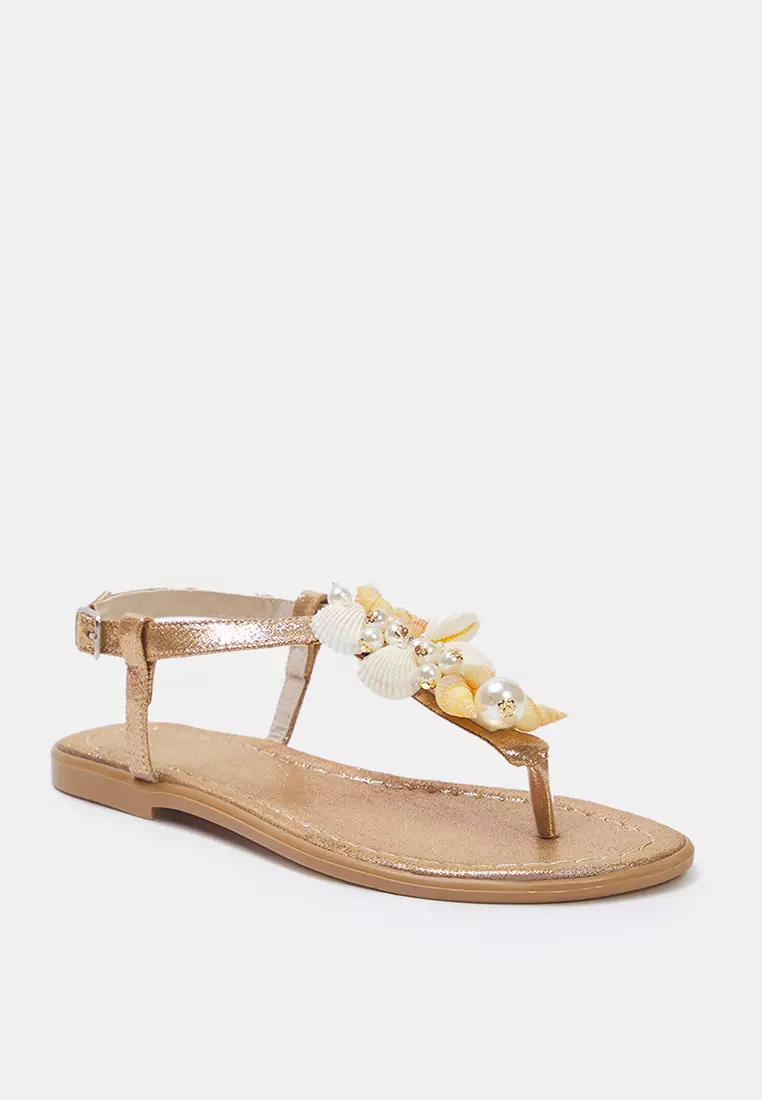 Bronze Sea Conch Pearl Detailed Flip Flops Women Stylish Sandals Takss25Sd00008